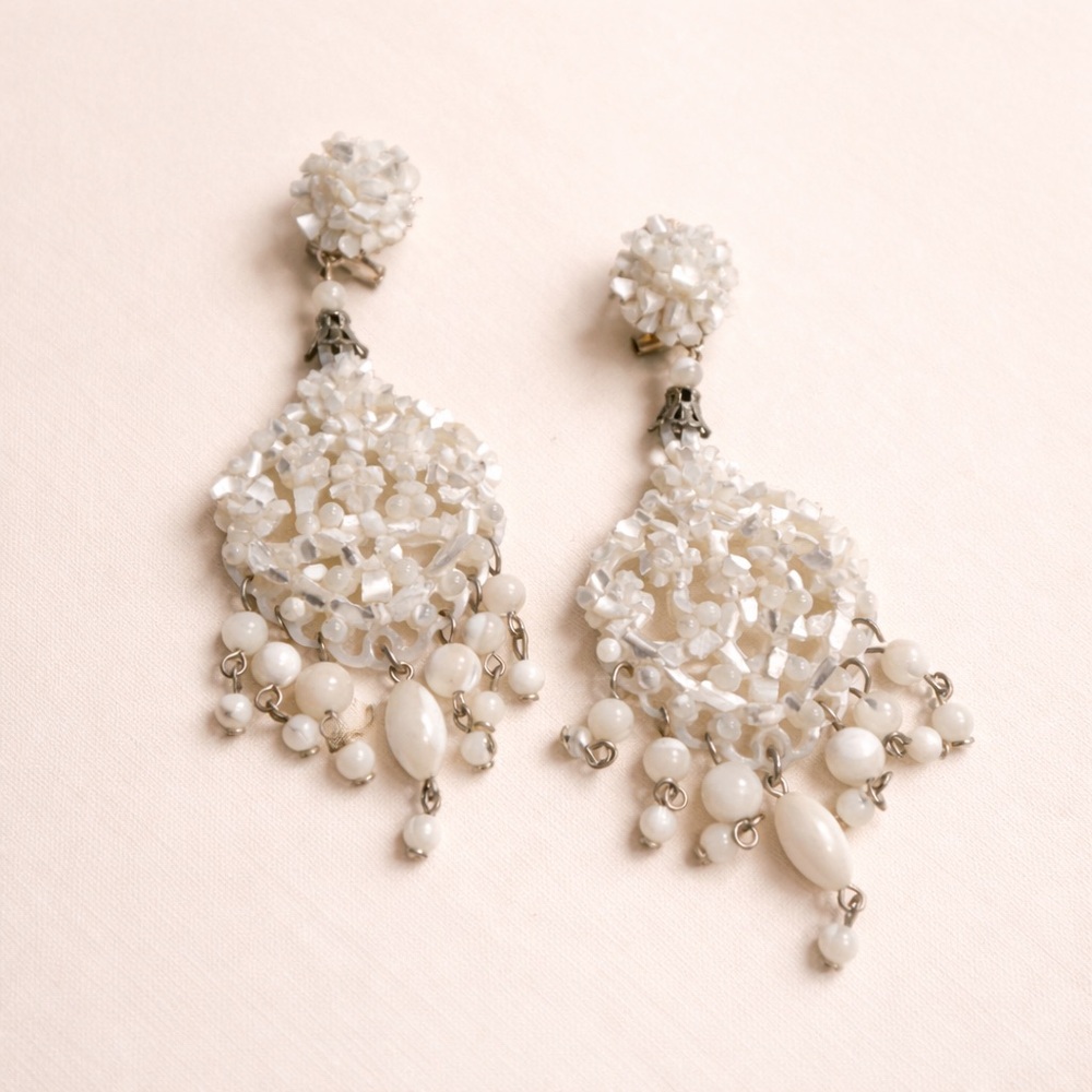 Vintage DUBLOS Mother of Pearl Chandelier Earrings White Flamenco Style - Picture 1 of 3